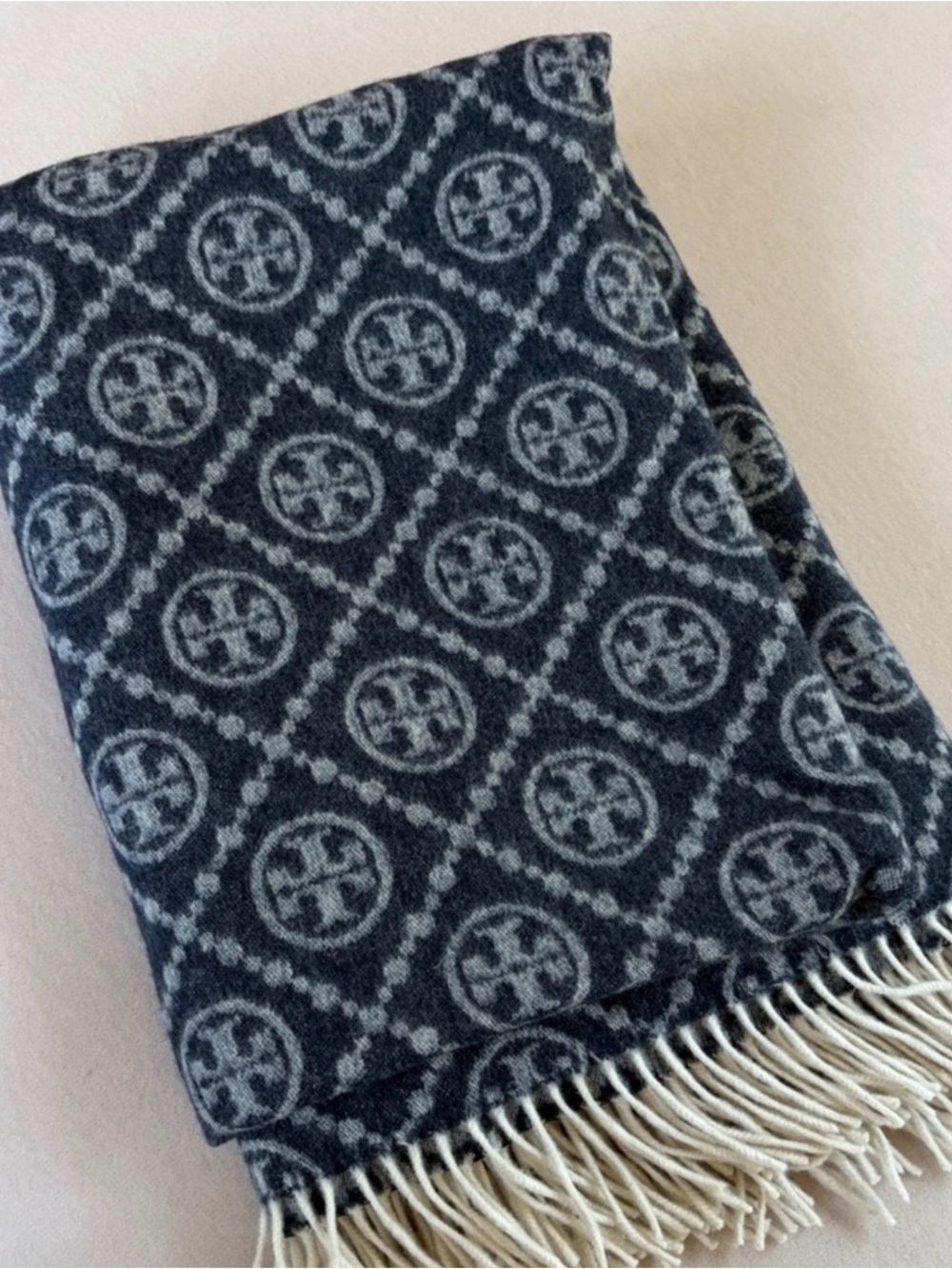 Tory Burch Navy and Light Gray Logo Fringe Throw